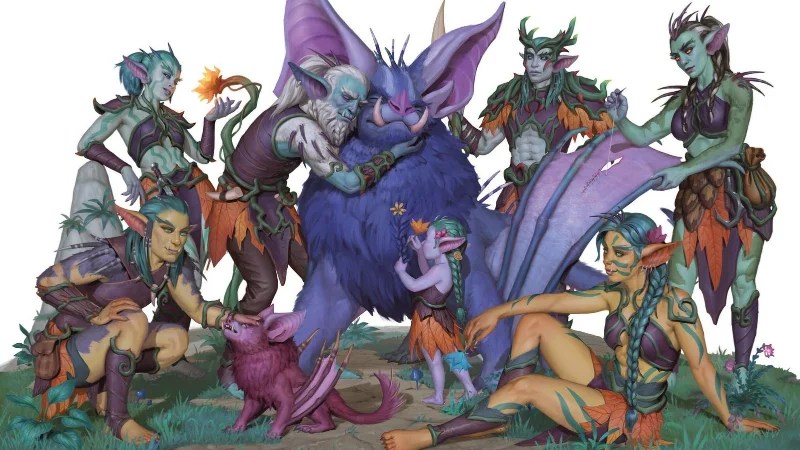 Official D&D World of Warcraft art, featuring a group of haranir gathered around a giant bat companion.