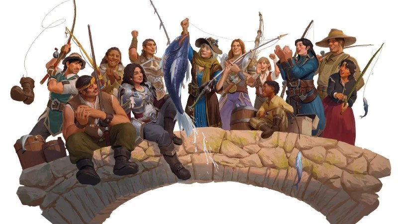 Official D&D World of Warcraft art, featuring humans from the Seven Kingdoms fishing together on a stone bridge.