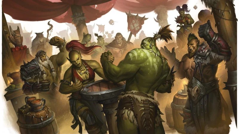 Official D&D World of Warcraft art, featuring orcs arm wrestling at a gathering inside a tent.