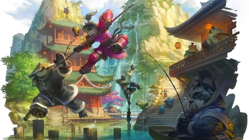 Official D&D World of Warcraft art, featuring a group of pandaren monks sparring beside a waterfall temple in Pandaria.