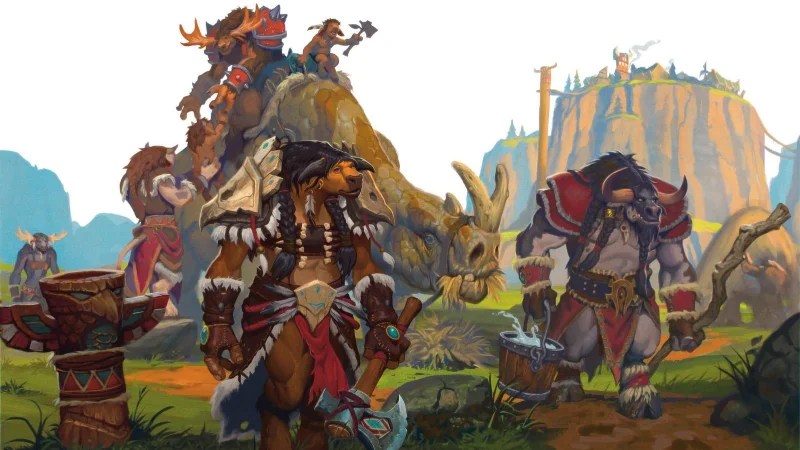 Official D&D World of Warcraft art, featuring a group of minotaur-like tauren travelling through an idyllic countryside.