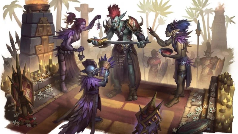 Official D&D World of Warcraft art, featuring a group of trolls gathered at a temple.