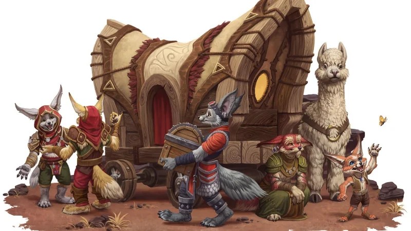 Official D&D World of Warcraft art, featuring a group of vulpera and their alpaca beside a wagon-home.