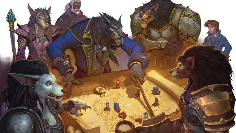 Official D&D World of Warcraft art, featuring a group of worgen in human and bestial forms planning around a war map.