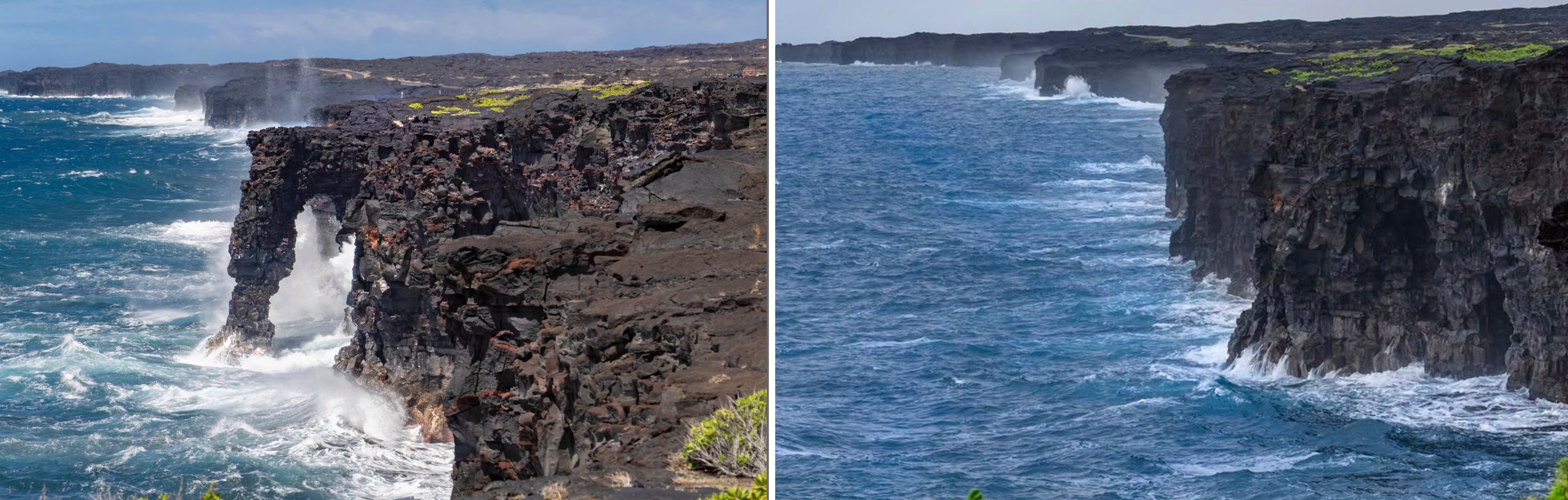 These photos provided by USGS shows from left, the Hōlei Sea Arch in Hawaii Volcanoes National Park in 2022 the Hōlei Sea Arch after collapsing into the Pacific Ocean on Sept. 27, 2026