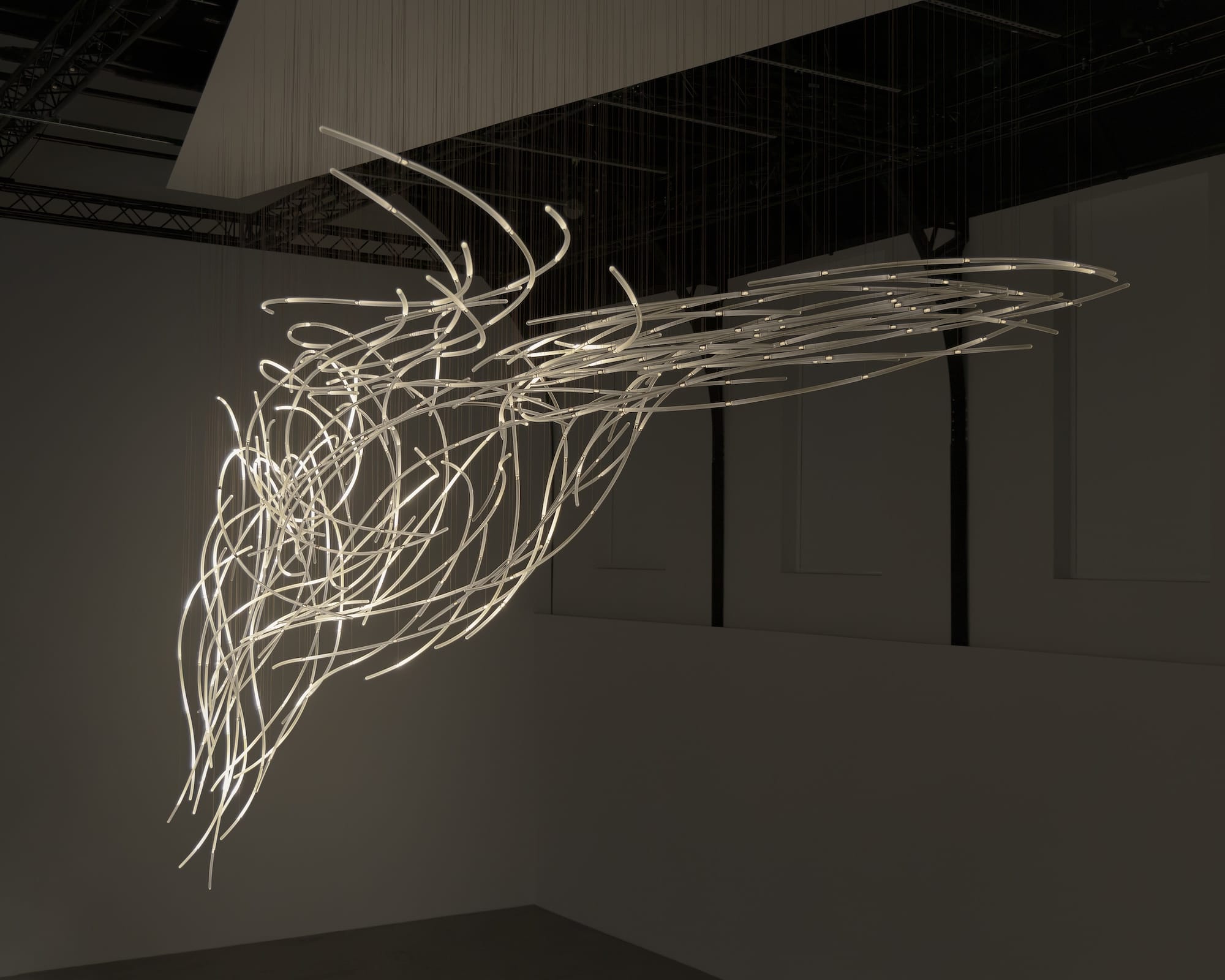 a suspended LED light sculpture with luminescence moving through undulating tubes
