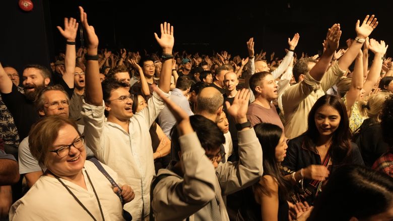 Audience members sing at Pub Choir at Portal in Hong Kong on September 21, 2026.
