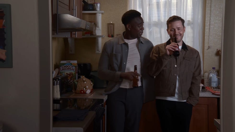 Coronation Street, James Bailey and Todd Grimshaw coronation street, james bailey and todd grimshaw drinking beer in a small kitchen.