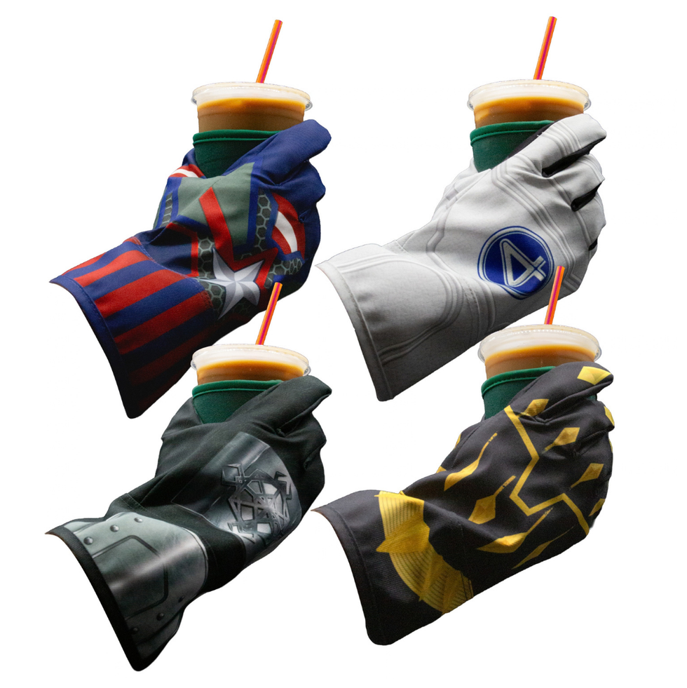 Superhero-themed gloves holding smoothies with colored straws. Superhero-themed gloves holding smoothies with colored straws.
