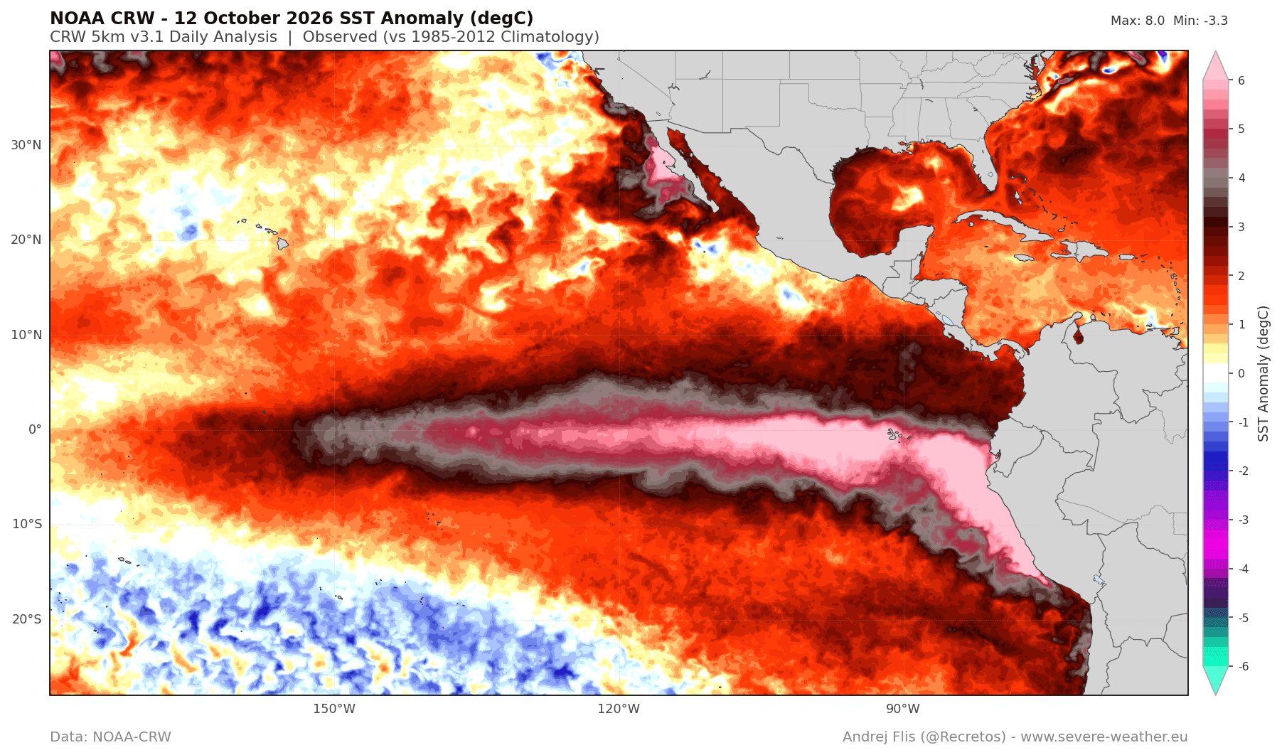NOAA CRW ocean temperature analysis from mid-October, showing a strong Super El Niño developing in the tropical Pacific