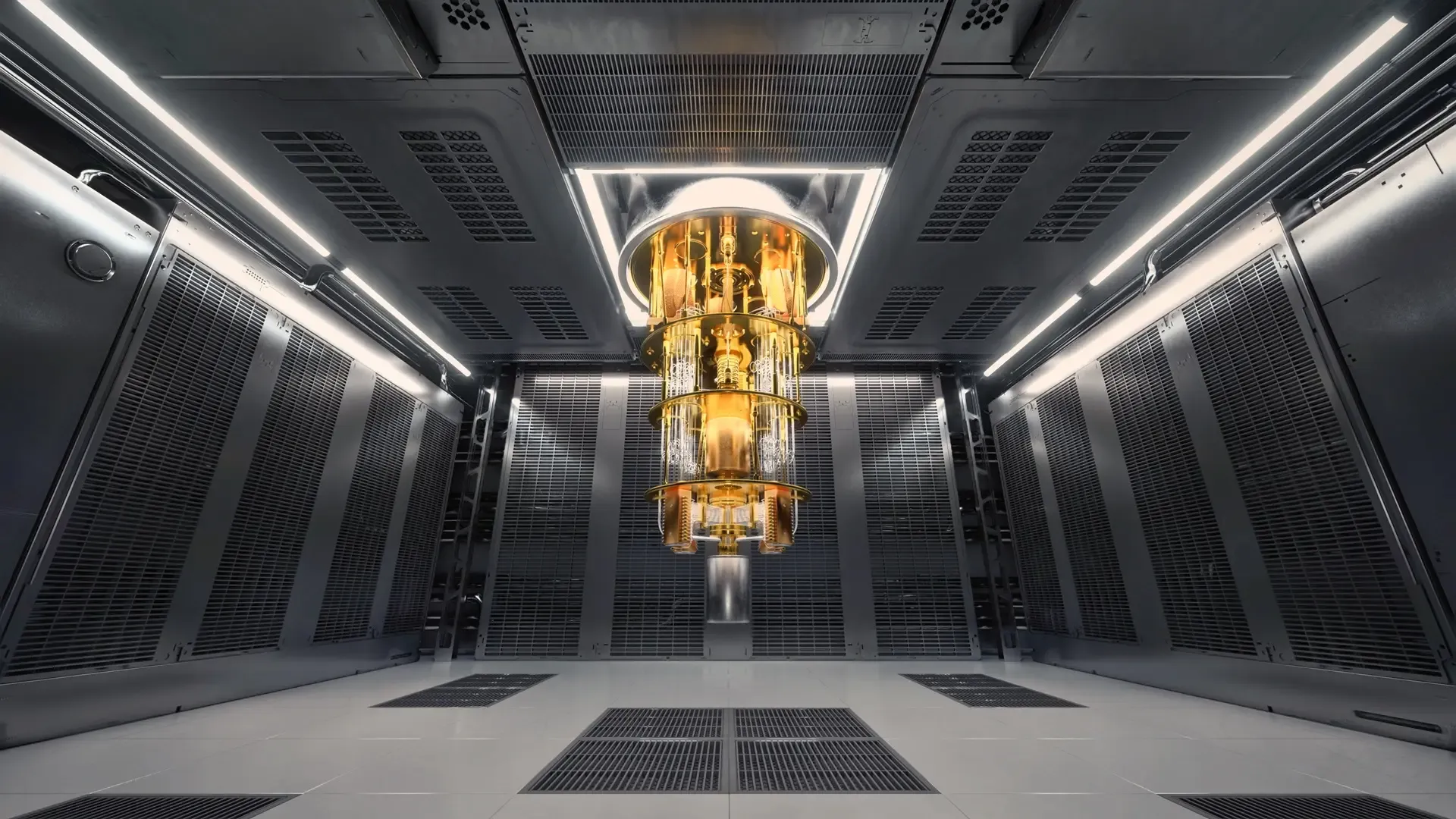 A dilution refrigerator quantum computing chamber housing gold-plated signal amplification hardware.