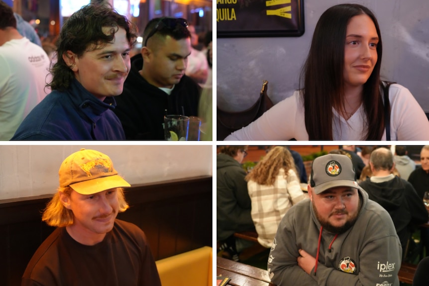 A composite of four images of three men and one woman sitting in a pub