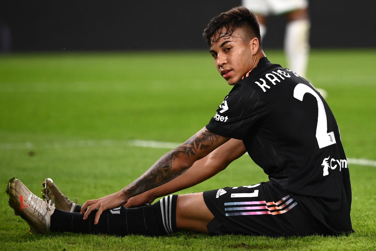Juventus forward Kaio Jorge reacts after a goal opportunity during the Italian Serie A football match between Juventus and Sassuolo on October 27, 2021 at the Allianz Stadium in Turin. (Photo by Marco BERTORELLO / AFP) (Photo by MARCO BERTORELLO/AFP via Getty Images)