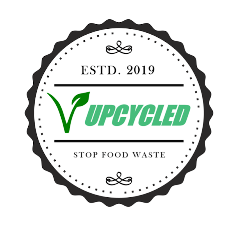 A logo for upcycled foods notes it was established in 2019 and urges shoppers to 'stop food waste.'