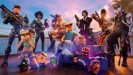 The Fortnite Chapter 7 Season 3 battle pass skins lined up along with a bunch of miniature creatures named sprites.