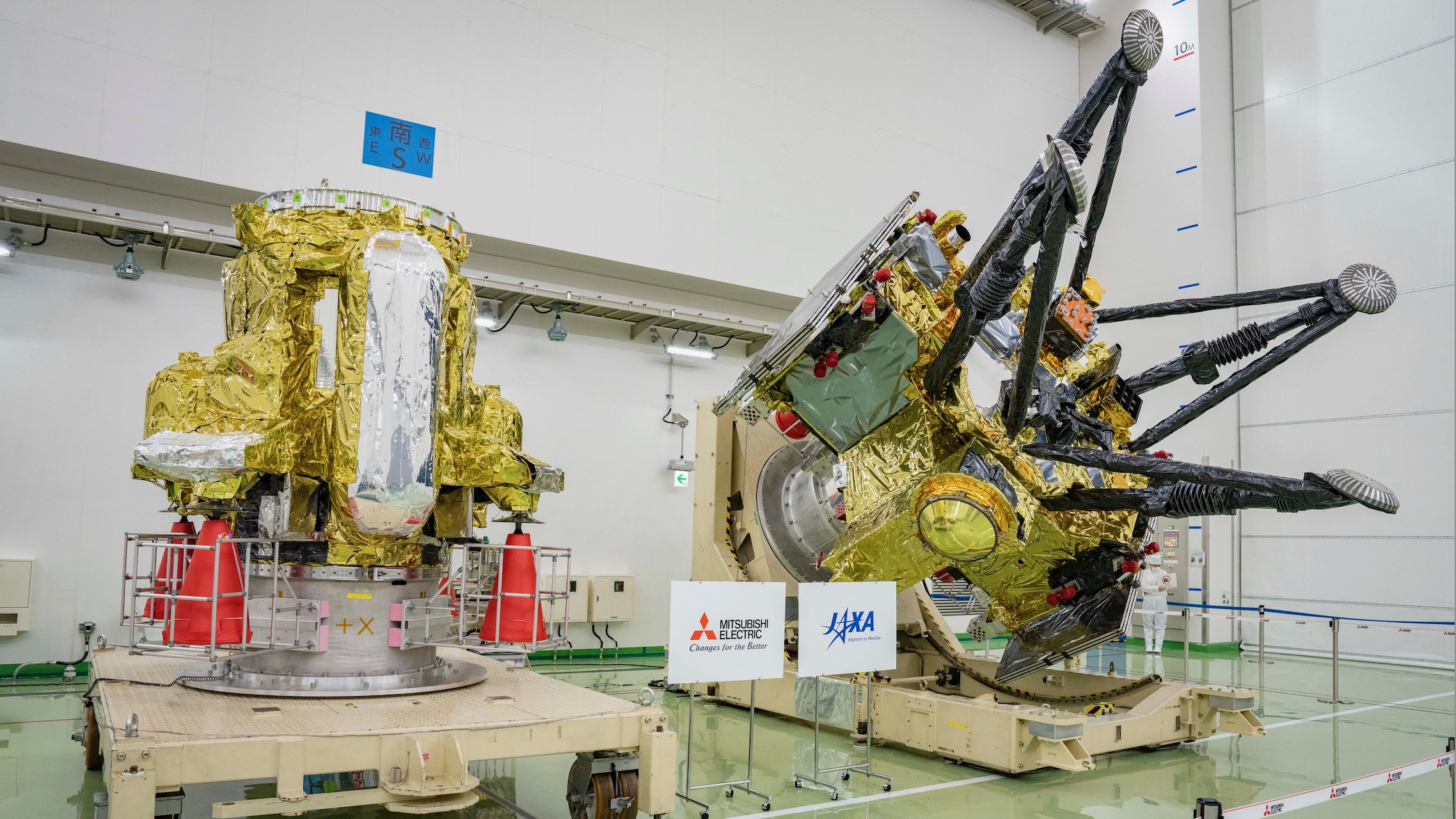 The Propulsion Module (left) and Exploration and Return Modules (right), which together make up Japan&rsquo;s Martian Moons eXploration (MMX) spacecraft, are seen at the Tanegashima Space Center in Minamitane, Kagoshima prefecture on Aug. 13, 2026.