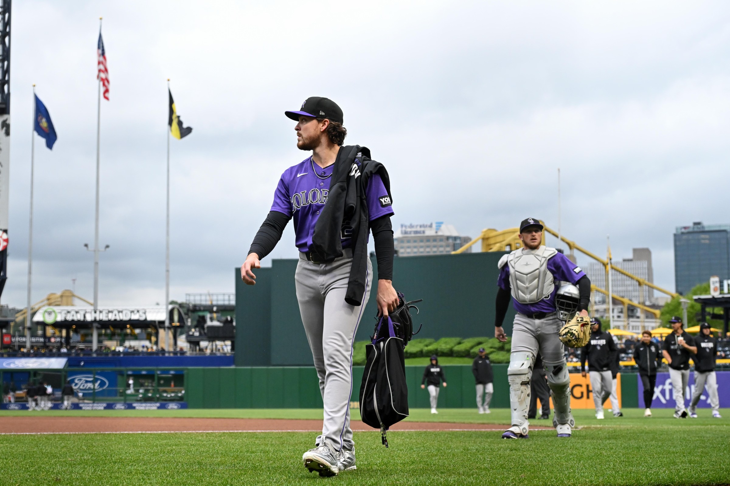 PITTSBURGH, PENNSYLVANIA - MAY 14, 2026: Chase Dollander #32 of the Colorado Rockies walks off the field prior to a game against the Pittsburgh Pirates at PNC Park on May 14, 2026 in Pittsburgh, Pennsylvania. (Photo by Nick Cammett/Diamond Images via Getty Images)