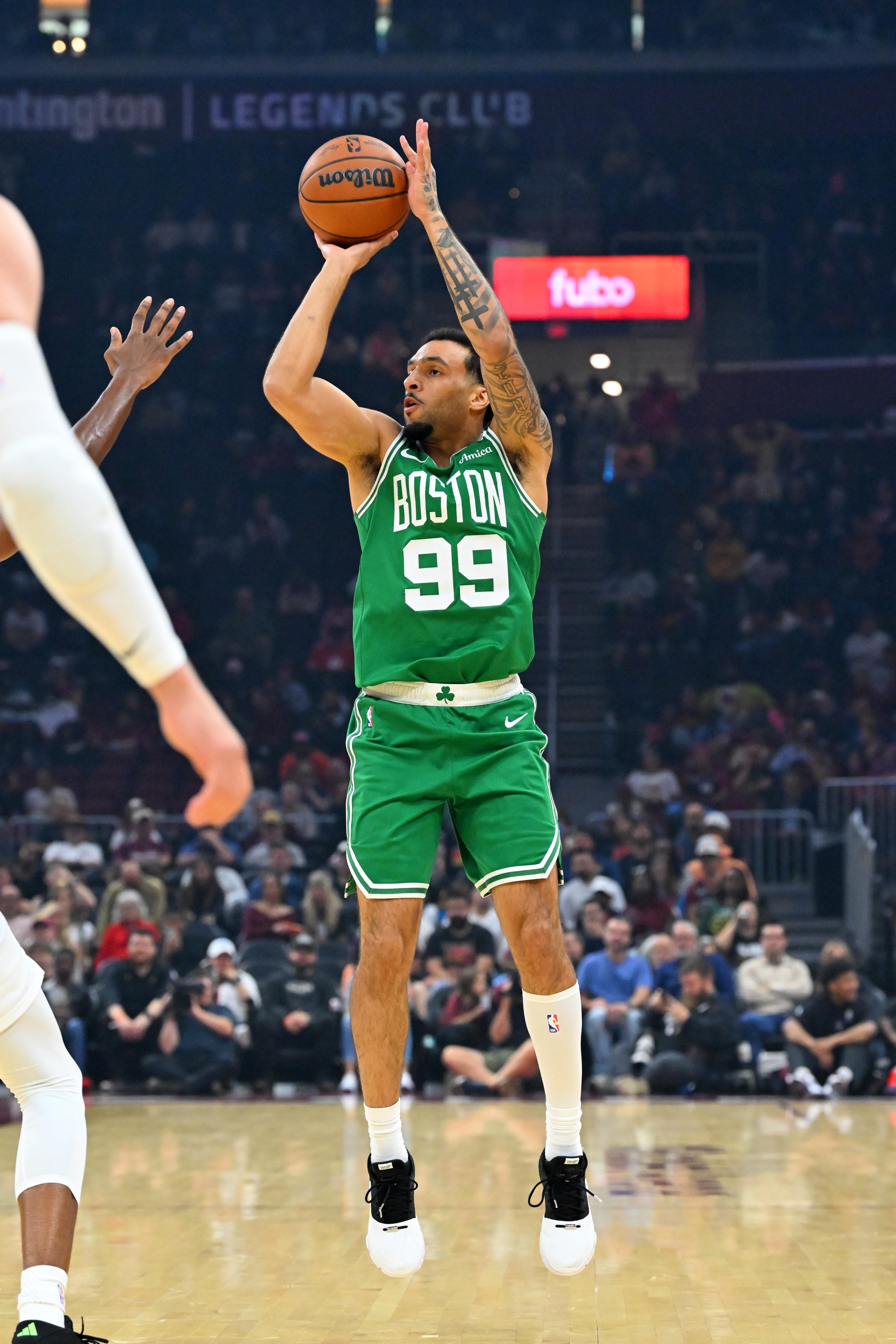 CLEVELAND, OHIO - OCTOBER 08: Devin Carter #99 of the Boston Celtics shoots during the first quarter of the preseason game against the Cleveland Cavaliers at Rocket Arena on October 08, 2026 in Cleveland, Ohio. NOTE TO USER: User expressly acknowledges and agrees that, by downloading and or using this photograph, User is consenting to the terms and conditions of the Getty Images License Agreement. (Photo by Jason Miller/Getty Images)