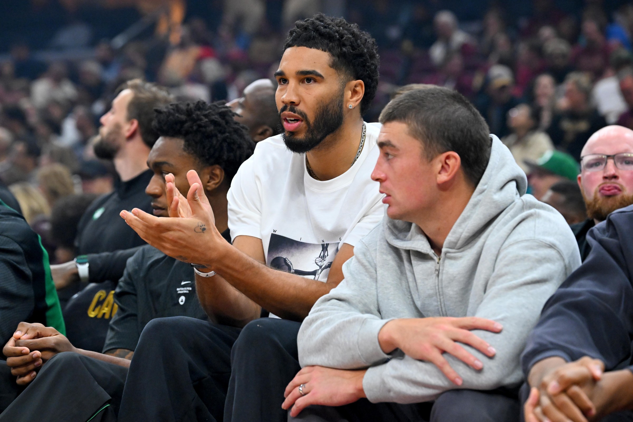 CLEVELAND, OHIO - OCTOBER 08: Jayson Tatum #0 and Payton Pritchard #11 of the Boston Celtics sit on the bench during the first quarter of the preseason game against the Cleveland Cavaliers at Rocket Arena on October 08, 2026 in Cleveland, Ohio. NOTE TO USER: User expressly acknowledges and agrees that, by downloading and or using this photograph, User is consenting to the terms and conditions of the Getty Images License Agreement. (Photo by Jason Miller/Getty Images)