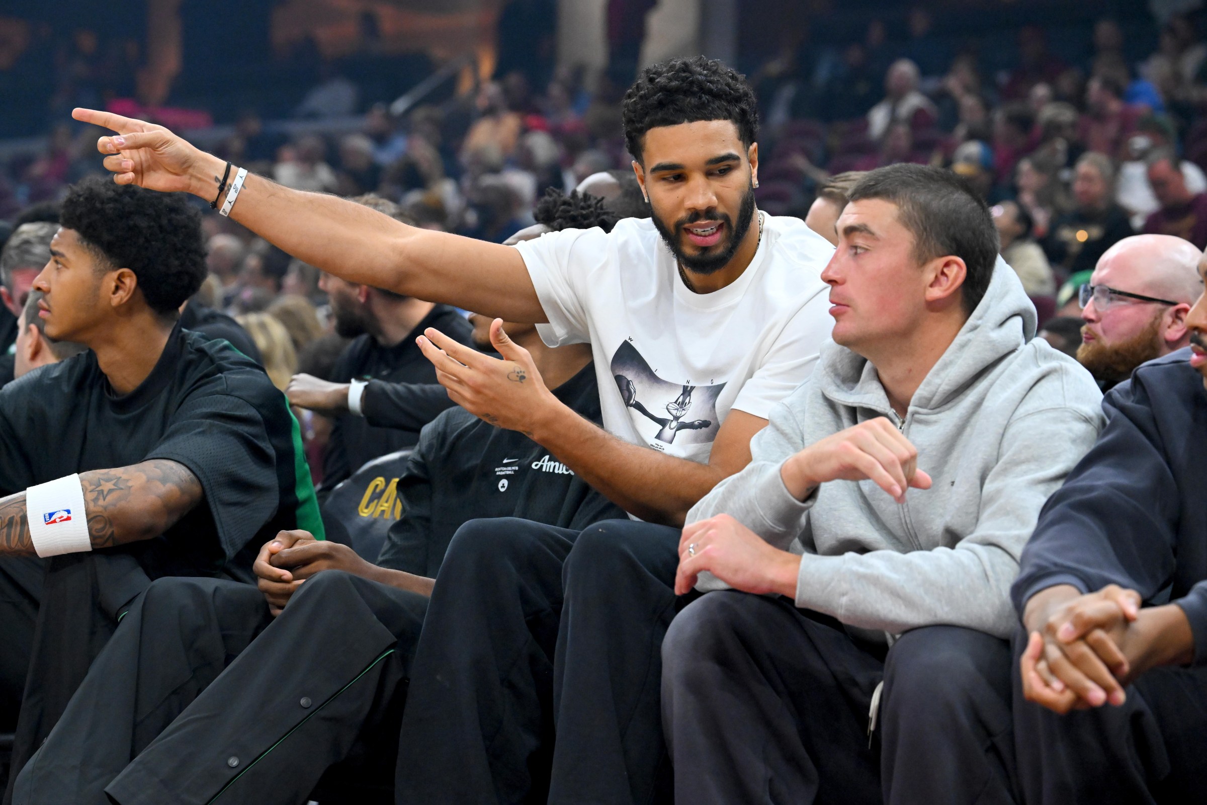 CLEVELAND, OHIO - OCTOBER 08: Jayson Tatum #0 and Payton Pritchard #11 of the Boston Celtics sit on the bench during the first quarter of a preseason game against the Cleveland Cavaliers at Rocket Arena on October 08, 2026 in Cleveland, Ohio. NOTE TO USER: User expressly acknowledges and agrees that, by downloading and or using this photograph, User is consenting to the terms and conditions of the Getty Images License Agreement. (Photo by Jason Miller/Getty Images)