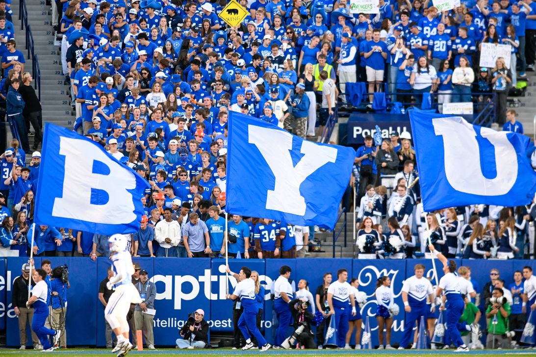 BYU Cheerleaders celebrate after BYU scores a touchdown against Notre Dame last week.