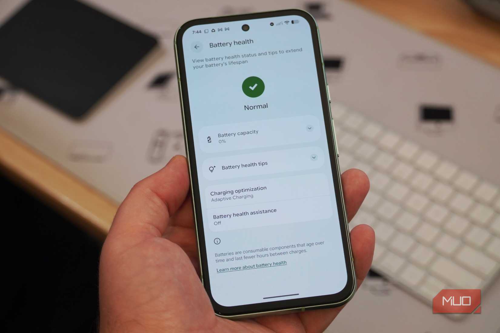 Battery health page in the Pixel 8a settings app.
