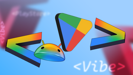 Google Play logo with Android and coding symbols around.