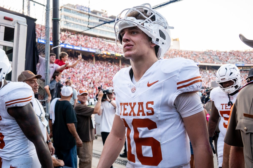 Texas quarterback Arch Manning (16) heads to the locker room following a loss to Oklahoma in the Red River Rivalry NCAA college football game in Dallas, Saturday, Oct. 10, 2026.
