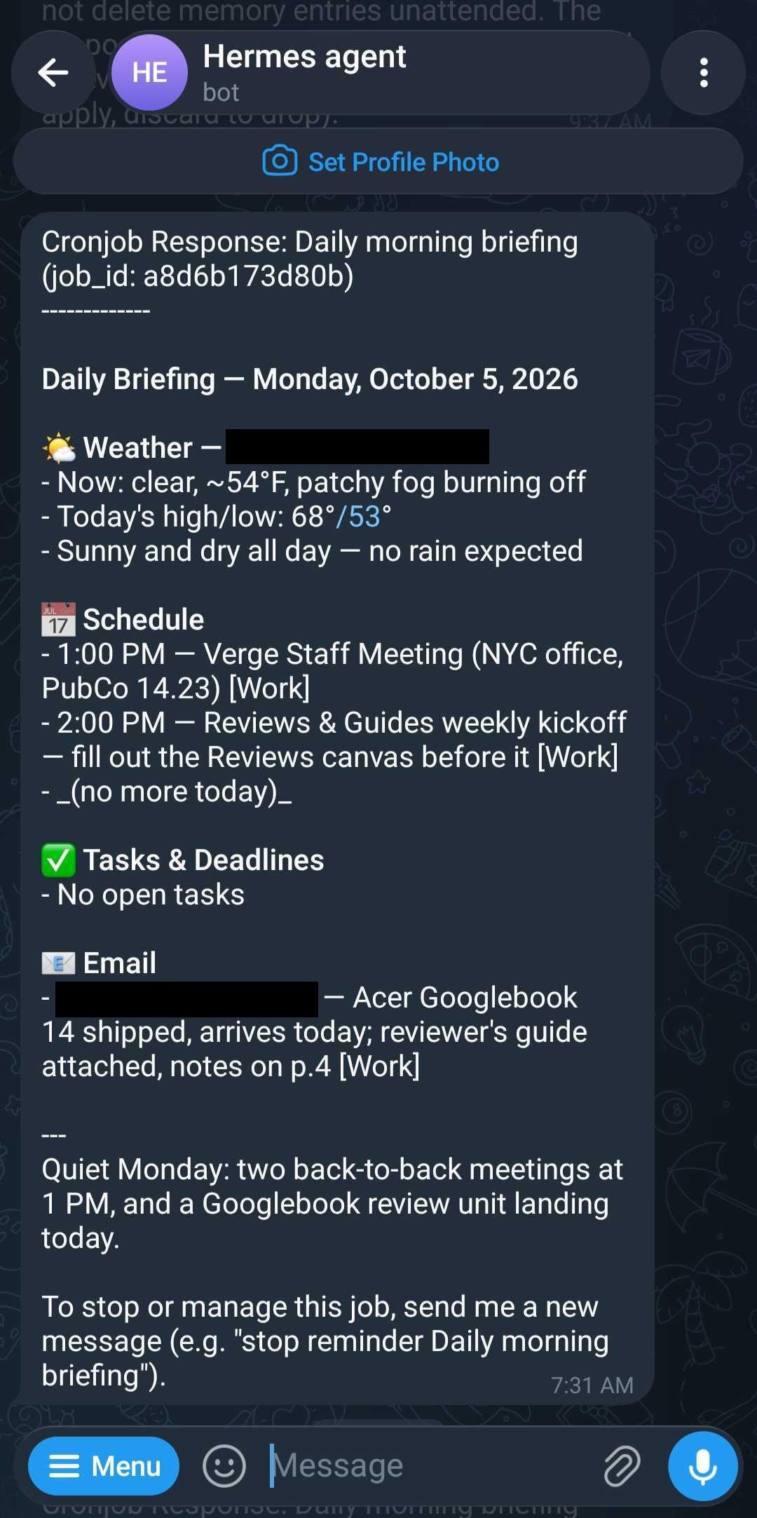 My Hermes daily briefing, sent to me daily via Telegram. Basic, I know.