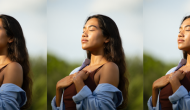 A woman breathing deeply, an example of how to lower cortisol
