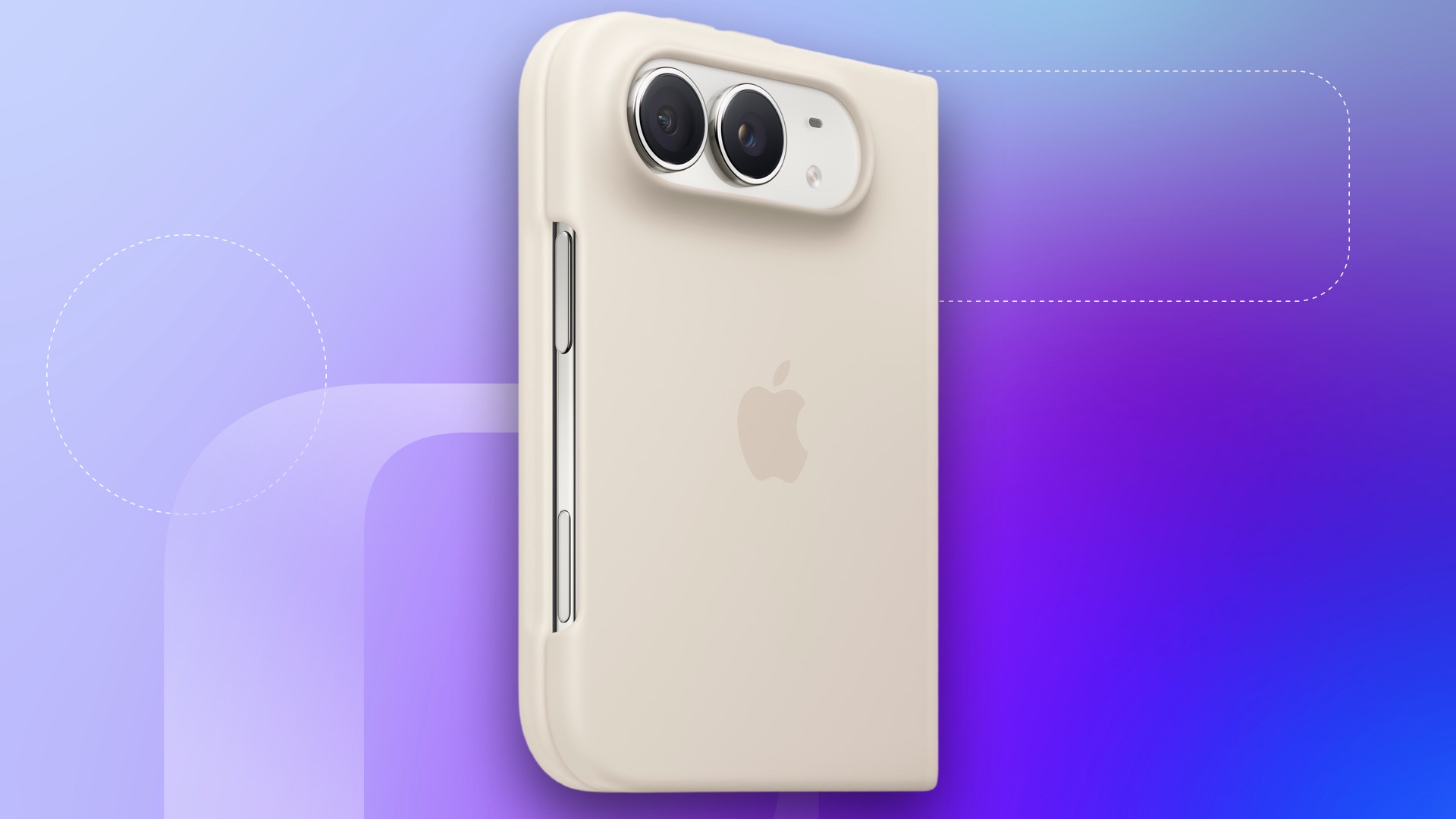 iPhone Duo case in sand color against CNET blue commerce background.