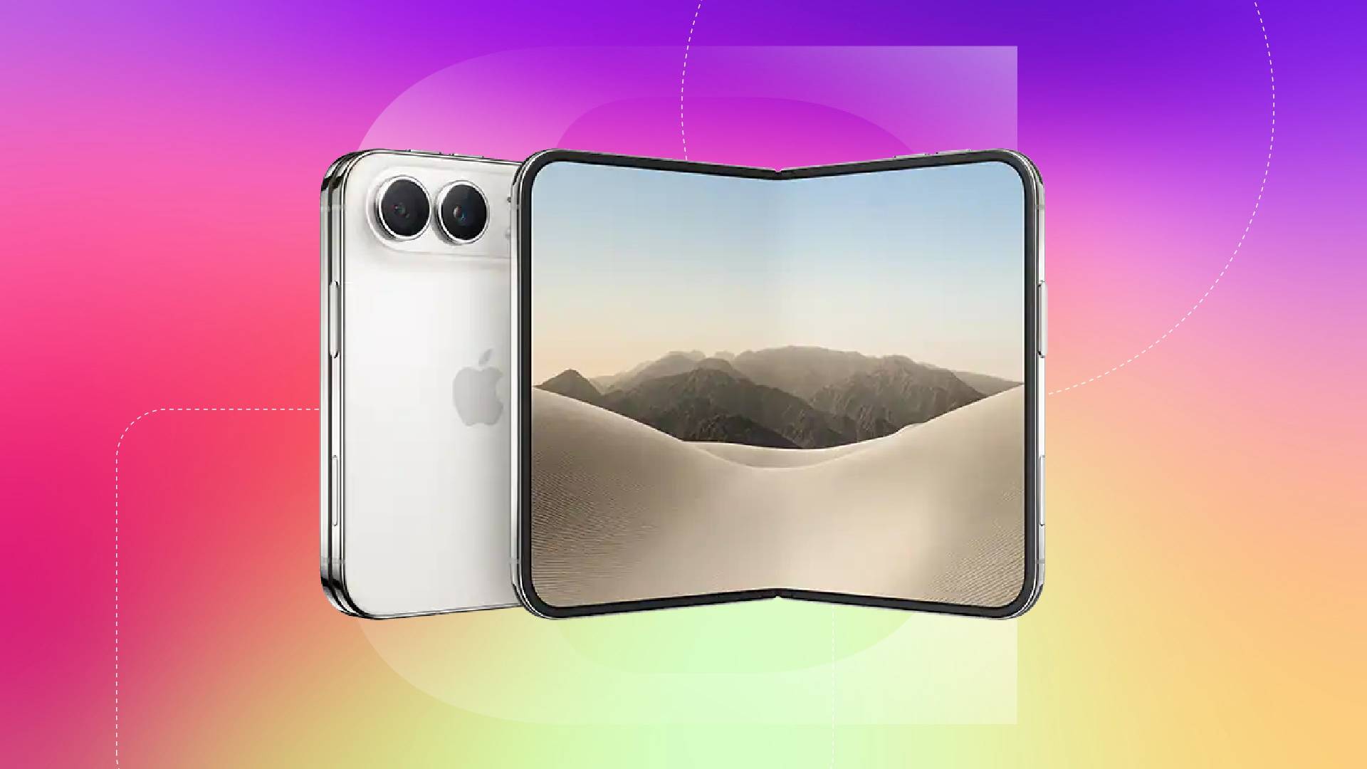 A white foldable phone against a purple, red and orange gradient CNET background.