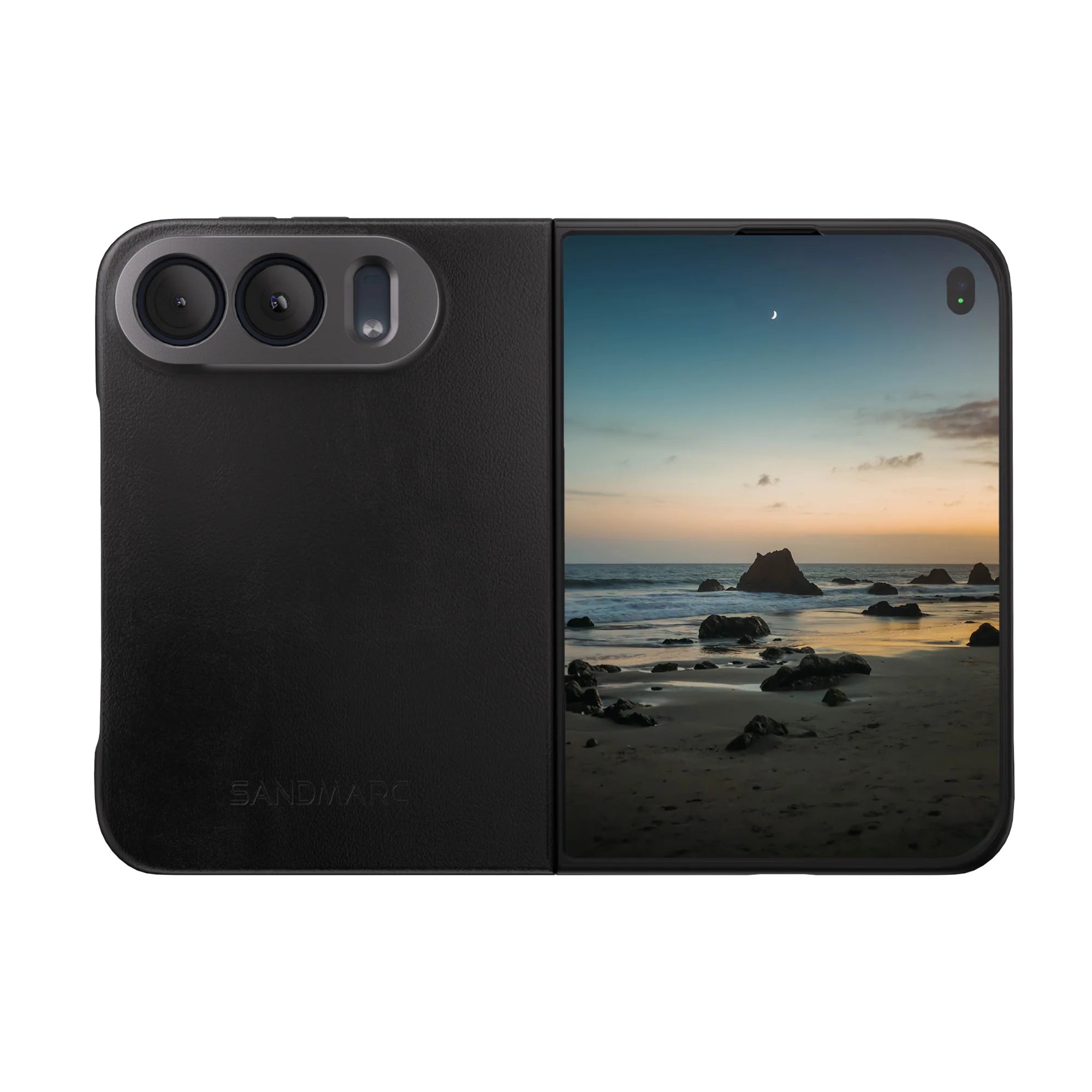 A cell phone with a picture of a beach and rocks