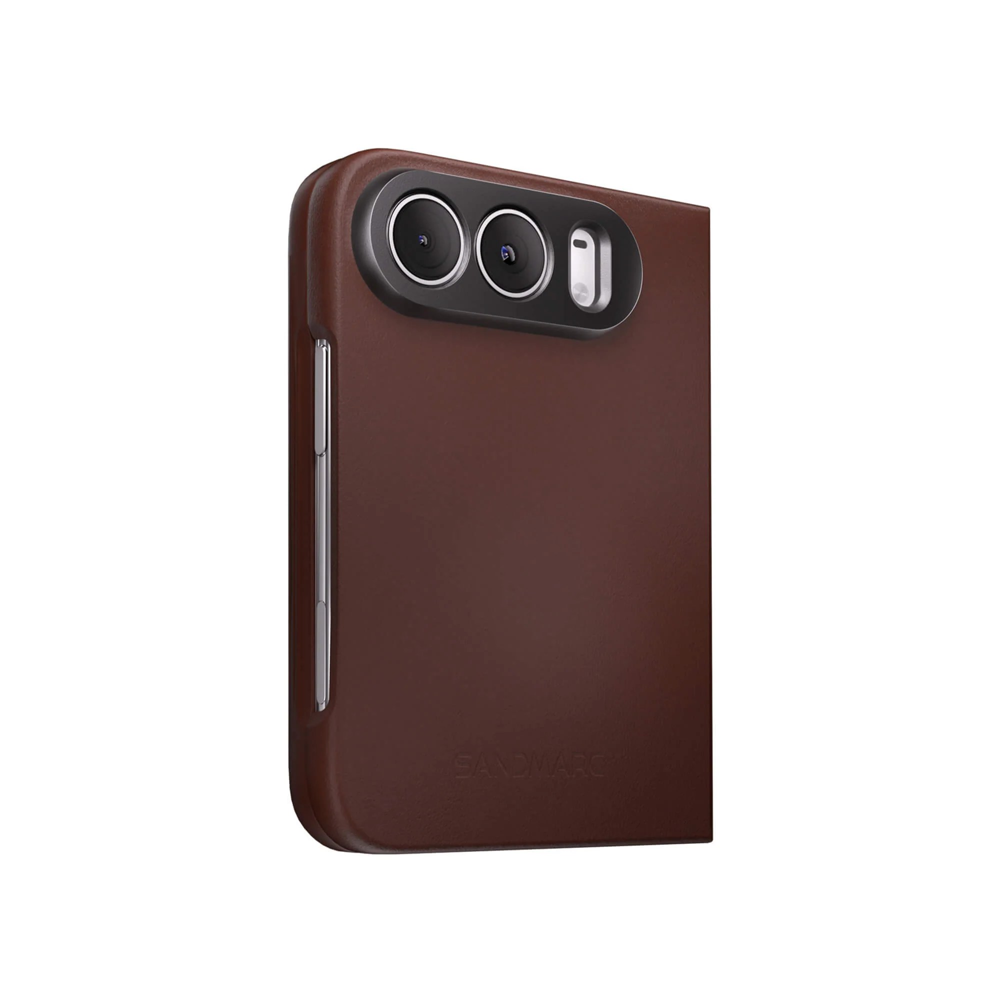 A brown cell phone case with three camera lenses