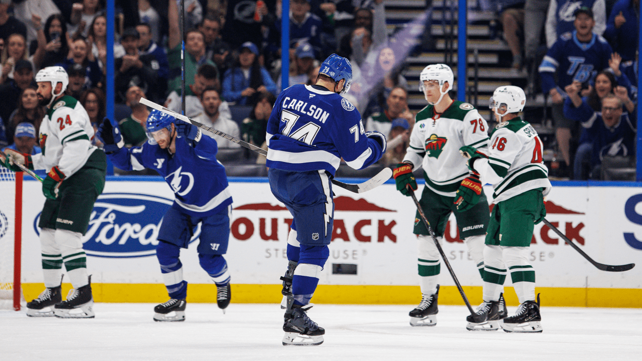 Carlson scores first two goals with Lightning, who hold off Wild
