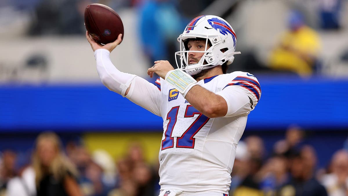 Josh Allen warms up at SoFi Stadium before the Buffalo Bills game.