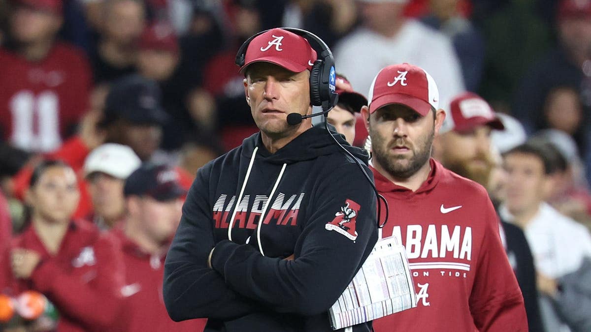 Kalen DeBoer looks on during a football game at Bryant-Denny Stadium.