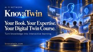 Blue and gold KnovaTwin banner showing an open book becoming a Digital Twin learning experience.