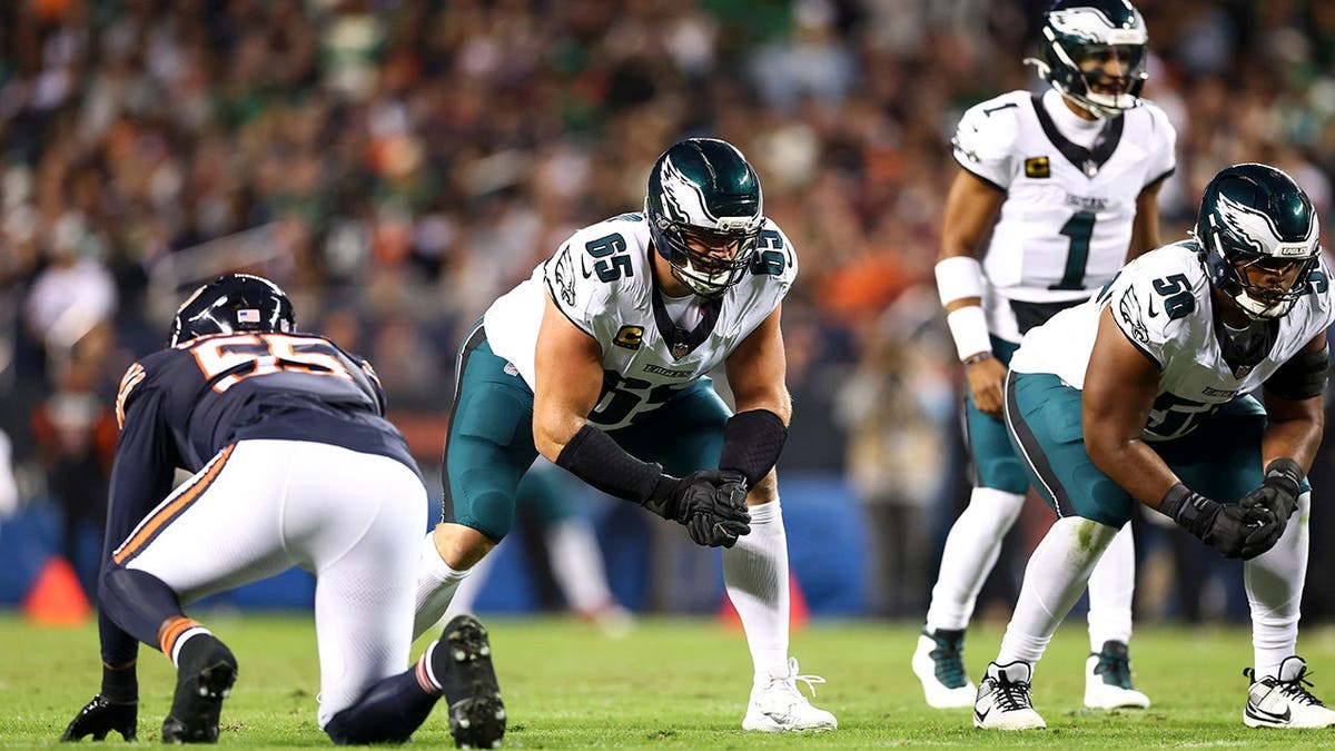 Lane Johnson lines up before a play during an NFL game at Soldier Field.