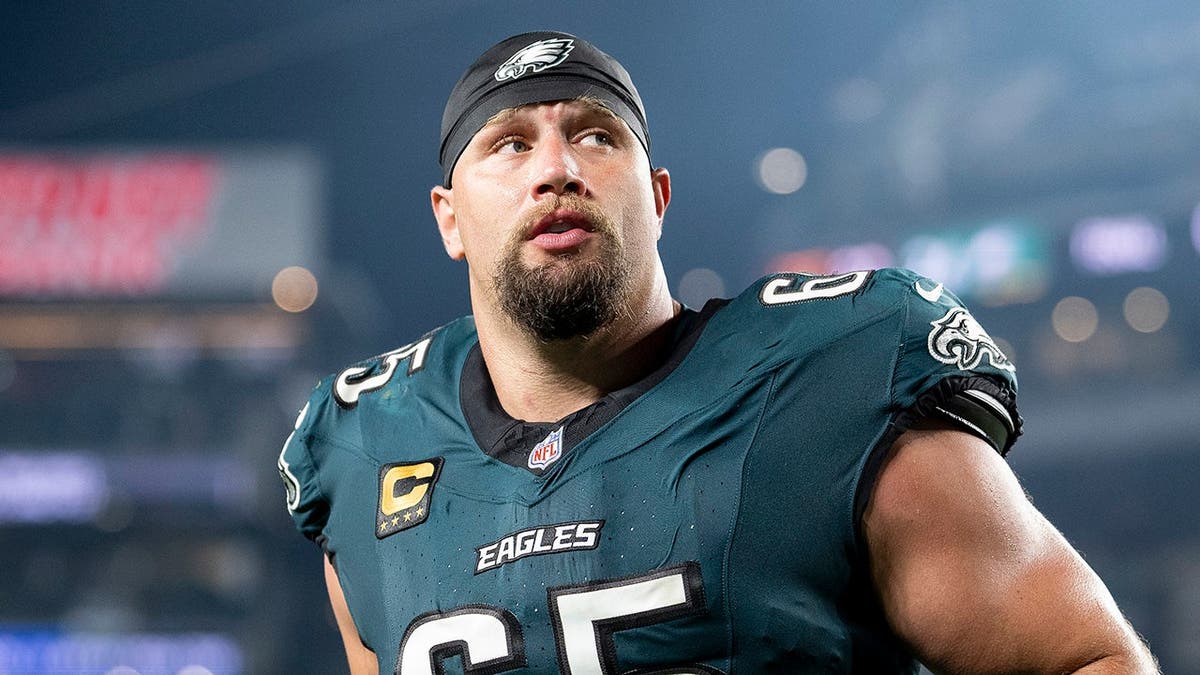 Lane Johnson walks off the field after an NFL game at Lincoln Financial Field.