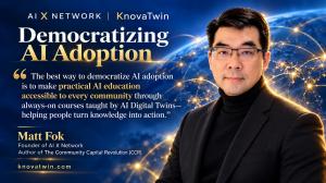 Portrait of Matt Fok in a black turtleneck beside his quote about democratizing AI adoption.