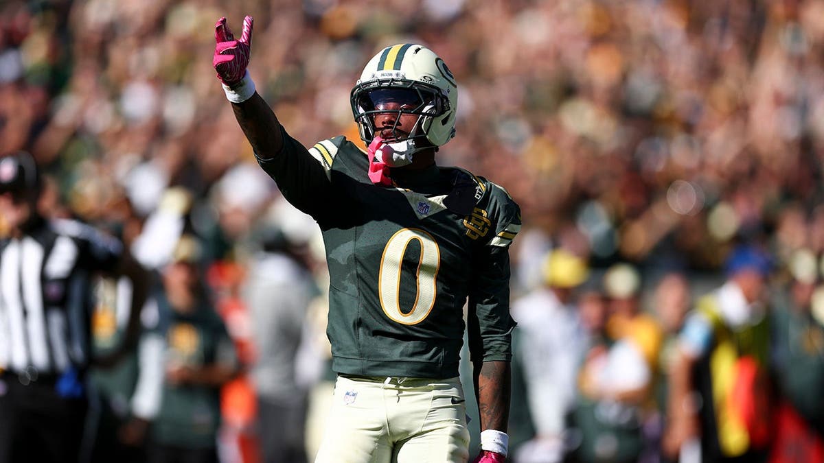 Matthew Golden of the Green Bay Packers celebrates after a play during an NFL game.