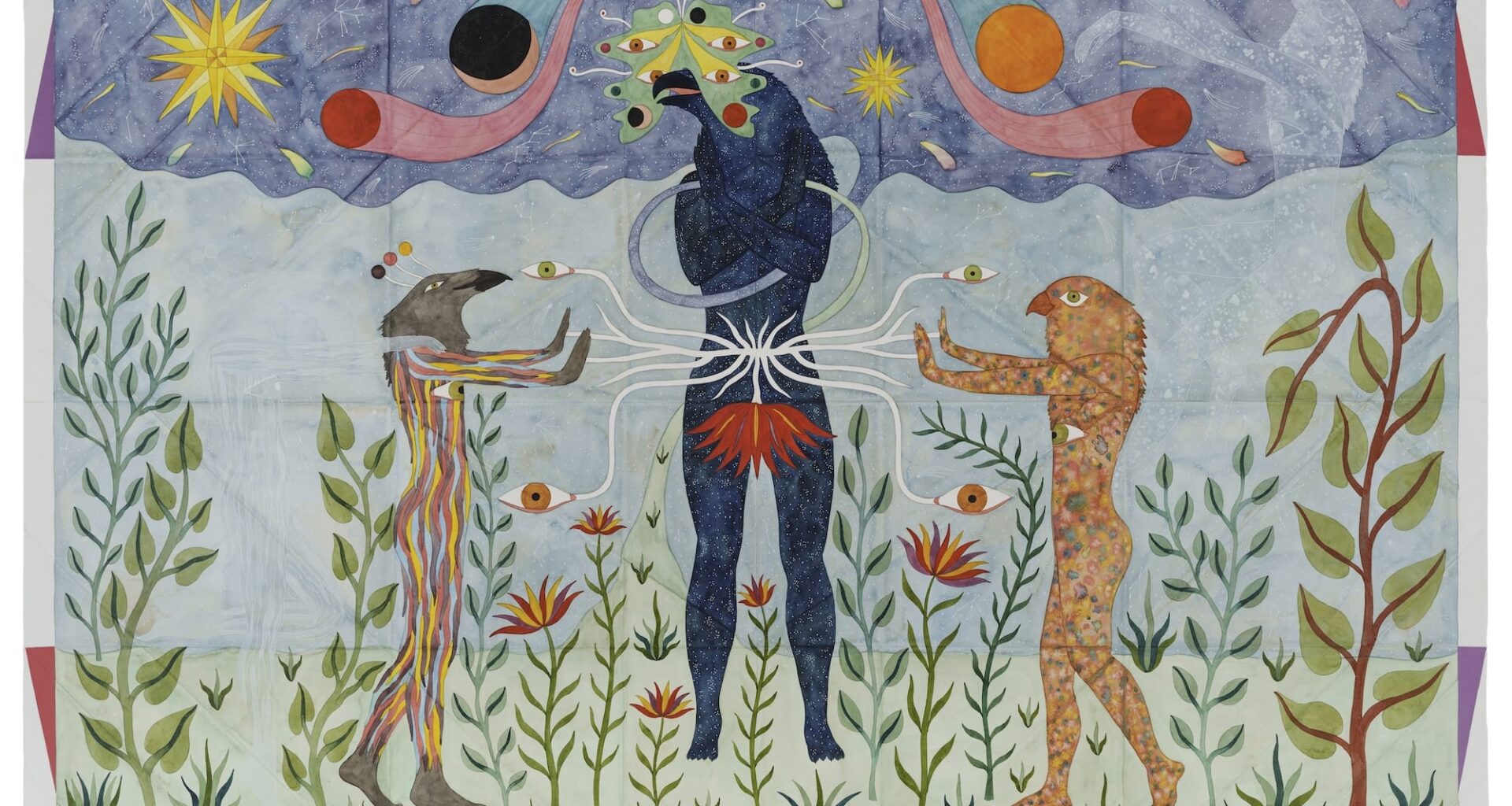 a fantastical painting featuring hybrid creatures in a surreal, symmetrical tableaux