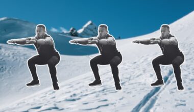 person doing squats on a ski mogul background