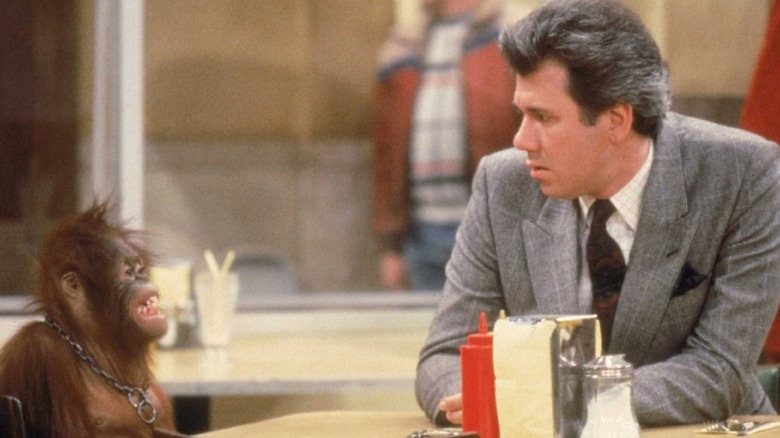 A monkey and Dan Fielding sitting at a cafeteria table in Night Court