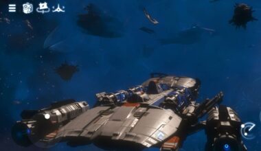 A spaceship, in space, with touch controls on screen