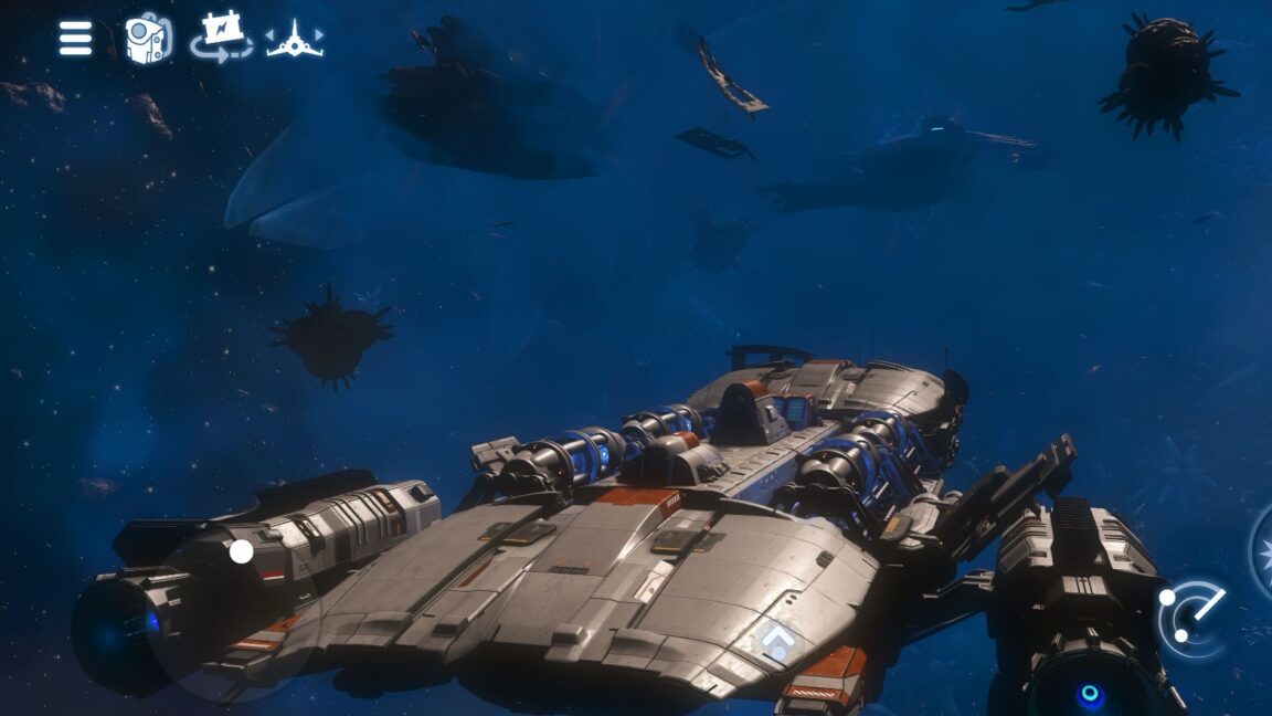 A spaceship, in space, with touch controls on screen