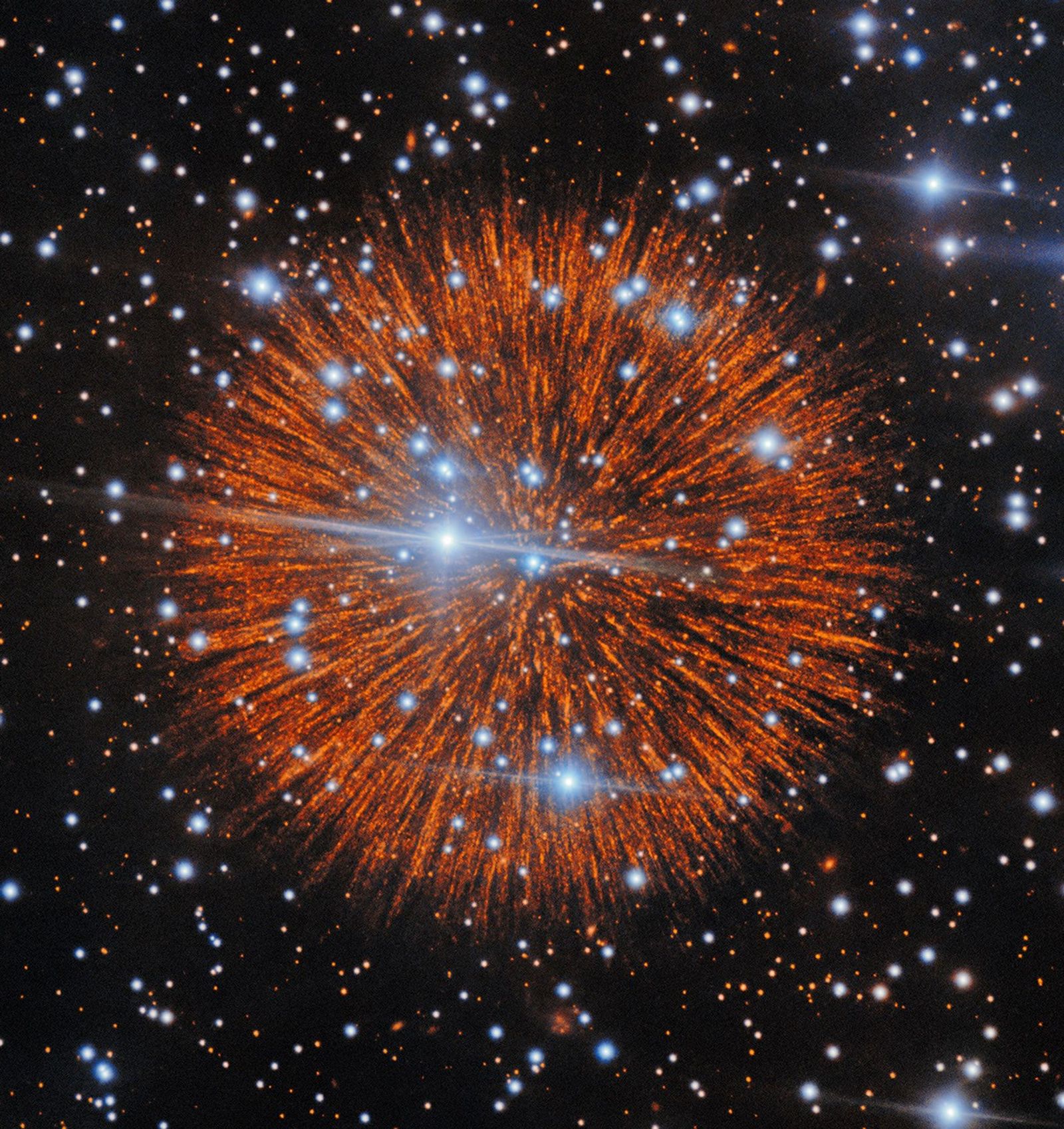 Against a background of bright stars is a red sphere with lines exploding out in each direction like a firework or a pompom.