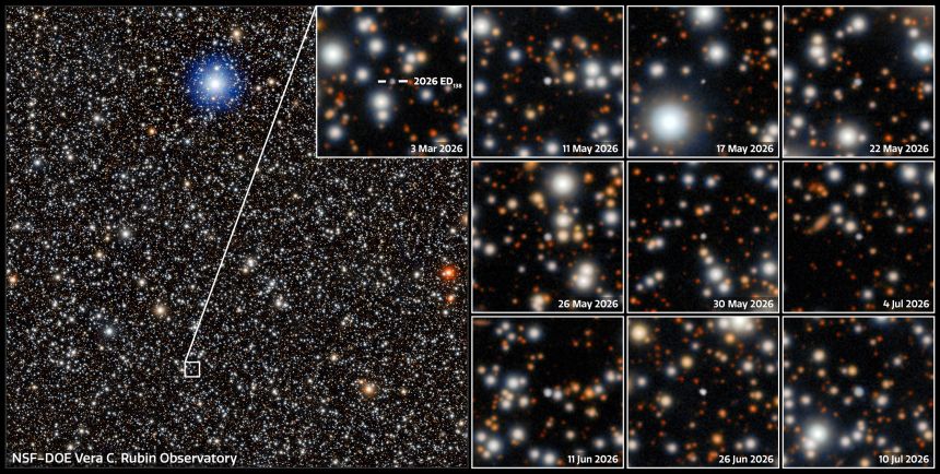 A mosaic of images captured by the Vera C. Rubin Observatory of the newly discovered dwarf planet candidate.