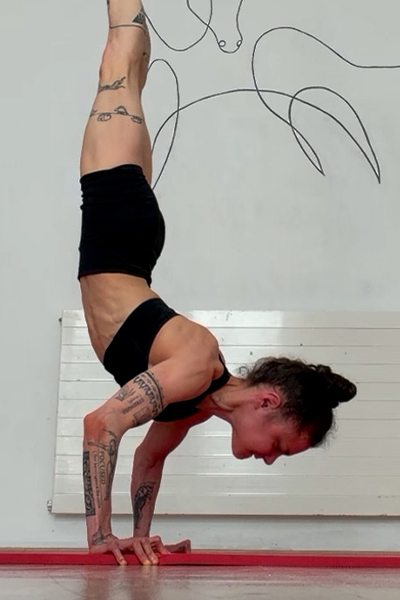 Stefanie doing a handstand push up